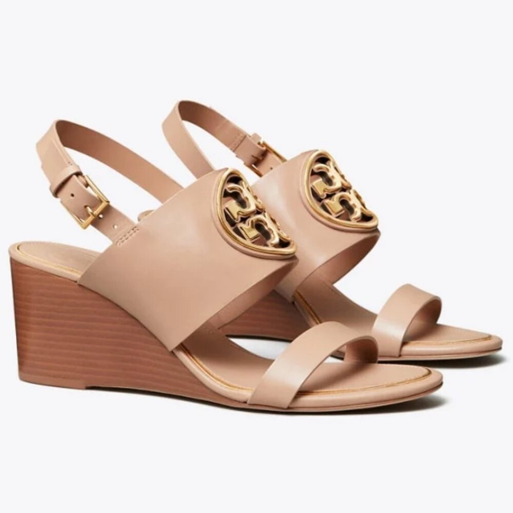 Tory Burch Neutral Blush Leather Wedge Sandals with Gold Logo
